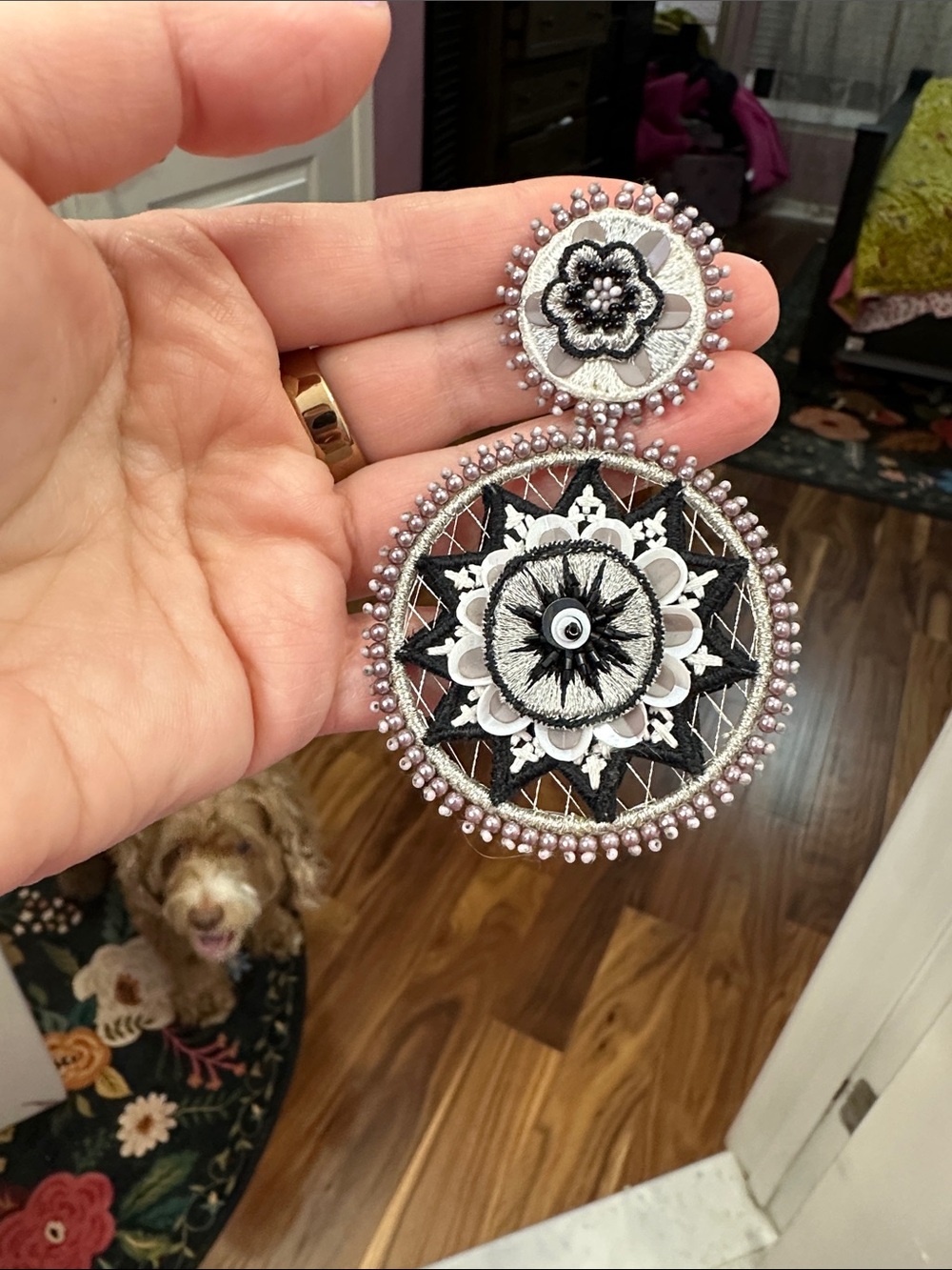 NEW Mignonne Gavigan Black & Silver Floral Medallion Drop Earrings